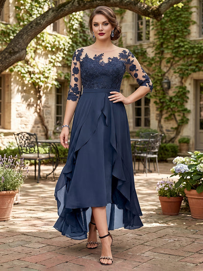 Robe Mère de la Mariée Grande Taille A-Ligne Asymétrique à Demi-manches avec Volants et Broderie