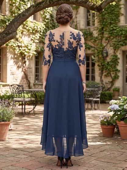 Robe Mère de la Mariée Grande Taille A-Ligne Asymétrique à Demi-manches avec Volants et Broderie