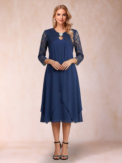 Robe de la mère de la mariée fourreau asymétrique, manches 3/4, dentelle et strass