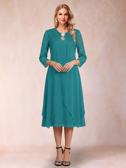 Robe de la mère de la mariée fourreau asymétrique, manches 3/4, dentelle et strass