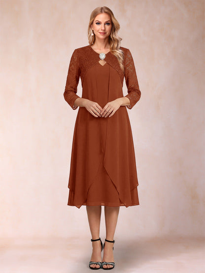 Robe de la mère de la mariée fourreau asymétrique, manches 3/4, dentelle et strass