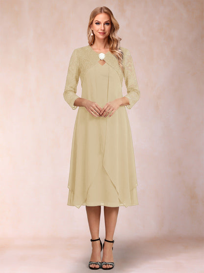 Robe de la mère de la mariée fourreau asymétrique, manches 3/4, dentelle et strass