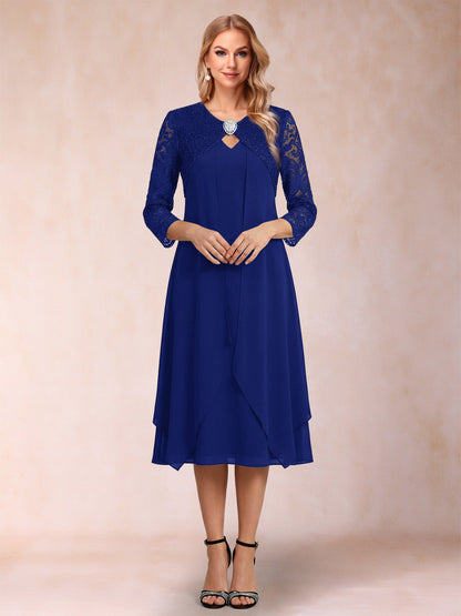 Robe de la mère de la mariée fourreau asymétrique, manches 3/4, dentelle et strass