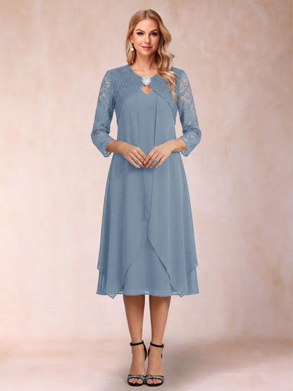 Robe de la mère de la mariée fourreau asymétrique, manches 3/4, dentelle et strass