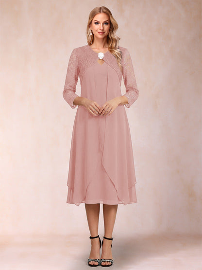 Robe de la mère de la mariée fourreau asymétrique, manches 3/4, dentelle et strass