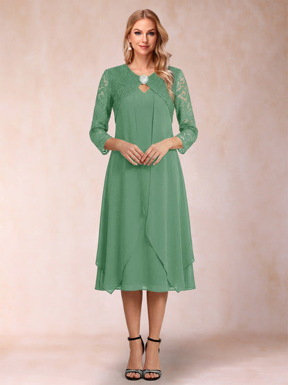 Robe de la mère de la mariée fourreau asymétrique, manches 3/4, dentelle et strass