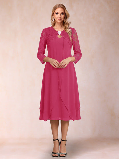 Robe de la mère de la mariée fourreau asymétrique, manches 3/4, dentelle et strass