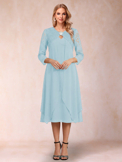 Robe de la mère de la mariée fourreau asymétrique, manches 3/4, dentelle et strass
