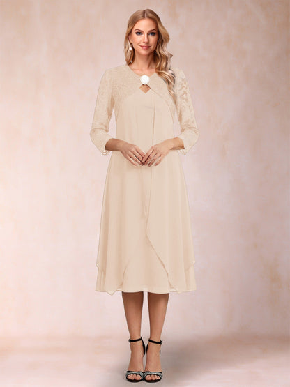 Robe de la mère de la mariée fourreau asymétrique, manches 3/4, dentelle et strass