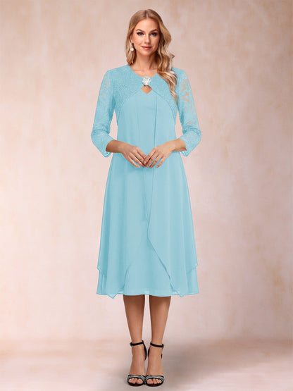 Robe de la mère de la mariée fourreau asymétrique, manches 3/4, dentelle et strass