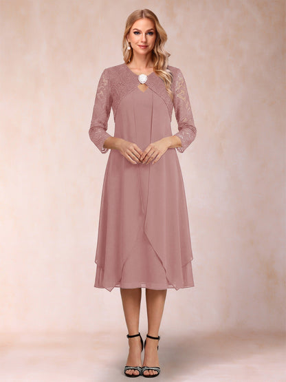 Robe de la mère de la mariée fourreau asymétrique, manches 3/4, dentelle et strass