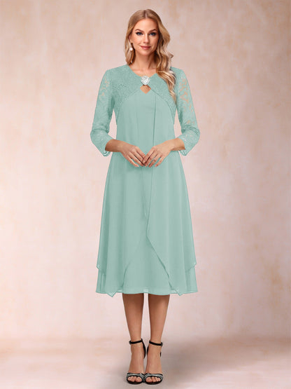 Robe de la mère de la mariée fourreau asymétrique, manches 3/4, dentelle et strass