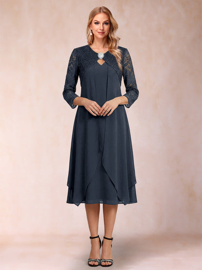 Robe de la mère de la mariée fourreau asymétrique, manches 3/4, dentelle et strass