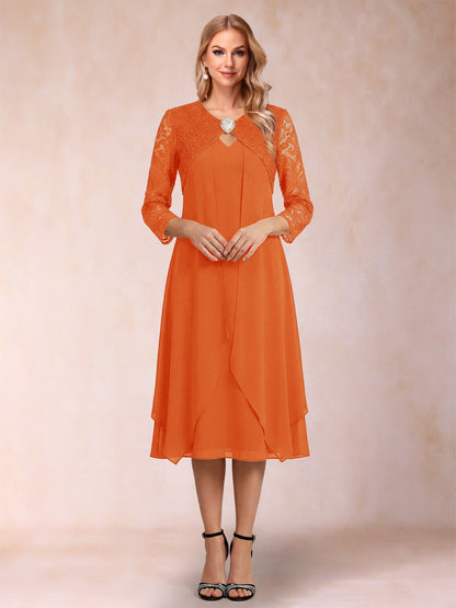 Robe de la mère de la mariée fourreau asymétrique, manches 3/4, dentelle et strass
