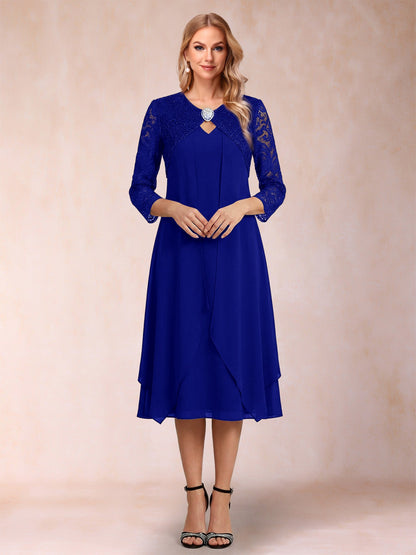 Robe de la mère de la mariée fourreau asymétrique, manches 3/4, dentelle et strass