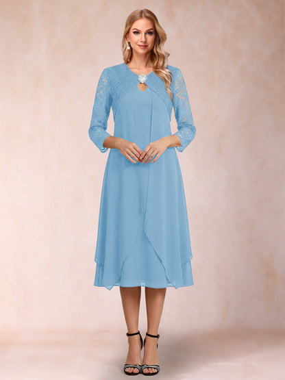 Robe de la mère de la mariée fourreau asymétrique, manches 3/4, dentelle et strass