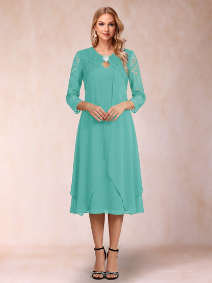 Robe de la mère de la mariée fourreau asymétrique, manches 3/4, dentelle et strass