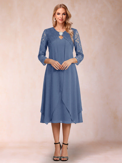 Robe de la mère de la mariée fourreau asymétrique, manches 3/4, dentelle et strass