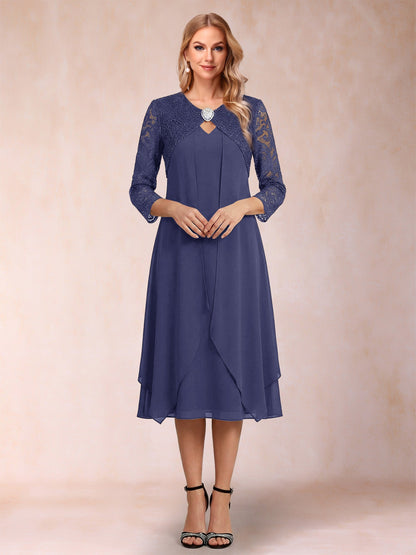 Robe de la mère de la mariée fourreau asymétrique, manches 3/4, dentelle et strass