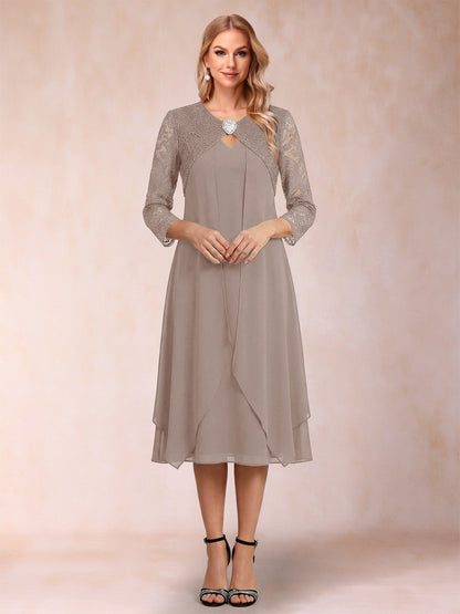 Robe de la mère de la mariée fourreau asymétrique, manches 3/4, dentelle et strass