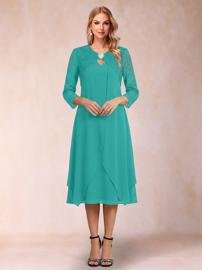 Robe de la mère de la mariée fourreau asymétrique, manches 3/4, dentelle et strass