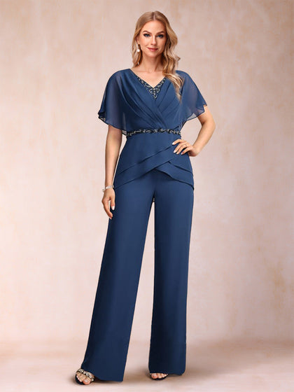 Mousseline Col en V Manches Courtes 2 Pièces Tailleurs-pantalons avec Froufrous & Ruché