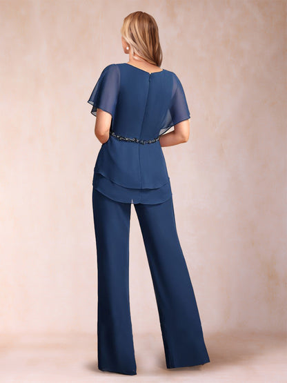 Tailleur-pantalon 2 pièces de la mère de la mariée en mousseline, col en V, manches courtes, volants et fronces