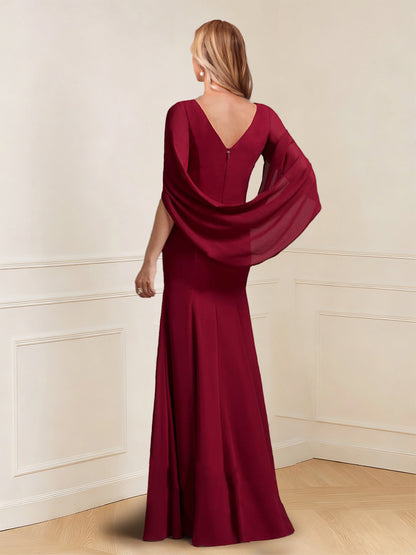 Robe longue de la mère de la mariée trapèze, col rond, manches courtes et détails froncés