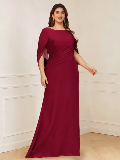 Robe longue de la mère de la mariée grande taille trapèze, col rond, manches courtes et fronces