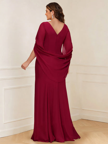 Robe longue de la mère de la mariée grande taille trapèze, col rond, manches courtes et fronces
