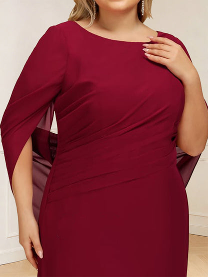 Robe longue de la mère de la mariée grande taille trapèze, col rond, manches courtes et fronces