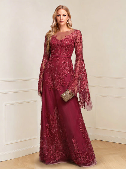 Robe longue de la mère de la mariée trapèze, col rond, manches longues et appliqués