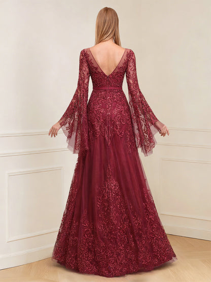Robe longue de la mère de la mariée trapèze, col rond, manches longues et appliqués