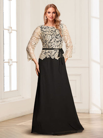 Robe longue de la mère de la mariée trapèze, col rond, manches 3/4, appliqués et ceinture