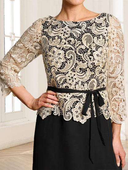 Robe longue de la mère de la mariée trapèze, col rond, manches 3/4, appliqués et ceinture