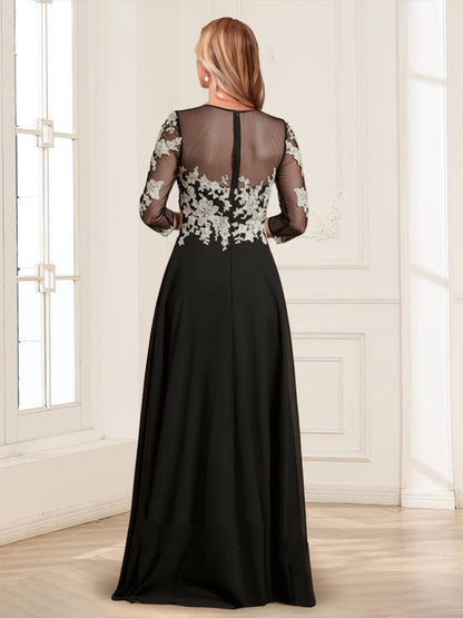 Robe longue de la mère de la mariée trapèze, col rond, manches 3/4 et appliqués