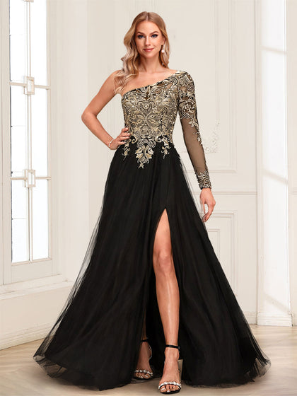 Robe Mère de la Mariée Ligne A Asymétrique Manches Longues Longueur au Sol avec Dentelle & Fente Latérale