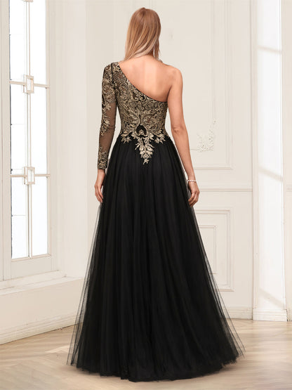 Robe Mère de la Mariée Ligne A Asymétrique Manches Longues Longueur au Sol avec Dentelle & Fente Latérale
