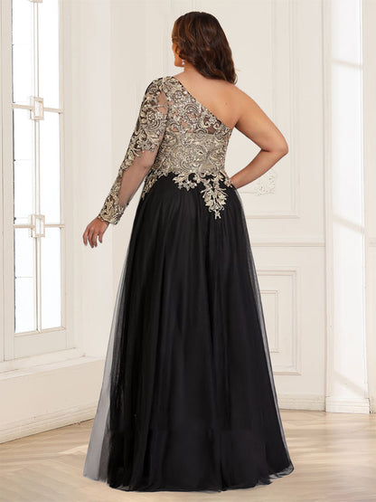 Robe de la mère de la mariée grande taille longue au sol trapèze, asymétrique à une épaule, manches longues, dentelle et fente latérale