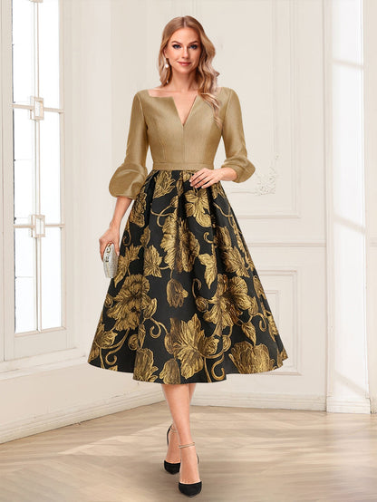 Robe Mère de la Mariée Ligne A Col en V Manches 3/4 Longueur Thé Plissée