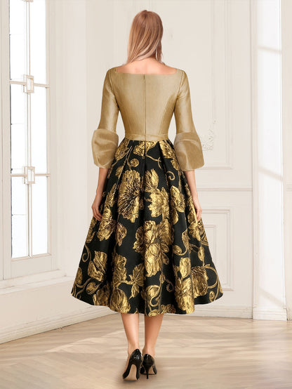 Robe Mère de la Mariée Ligne A Col en V Manches 3/4 Longueur Thé Plissée