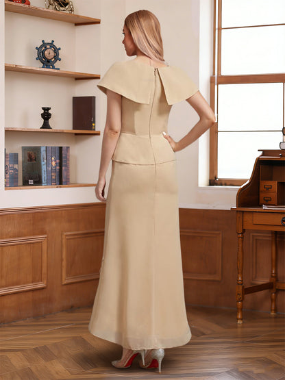Robe Mère de la Mariée Fourreau Asymétrique Col en V Manches Courtes avec Strass