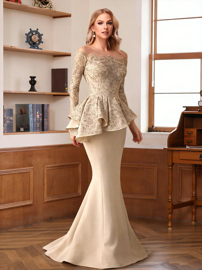 Robe Mère de la Mariée Sirène Épaules Dénudées Manches Longues Longueur au Sol à Volants & Appliques
