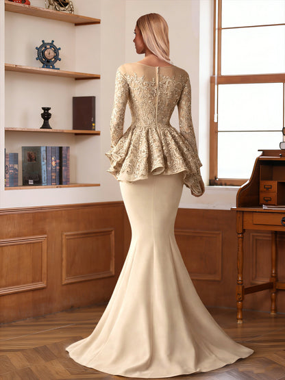 Robe Mère de la Mariée Sirène Épaules Dénudées Manches Longues Longueur au Sol à Volants & Appliques