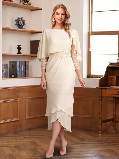 Gaine/Colonne Scoop 3/4 Manches Asymétrique Robes Mère de la Mariée avec Froufrous