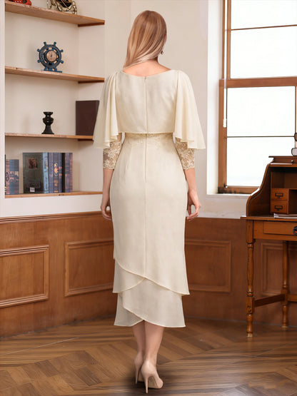 Robe Mère de la Mariée Fourreau Asymétrique Col Rond Manches 3/4 à Volants