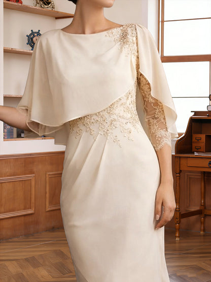Robe Mère de la Mariée Fourreau Asymétrique Col Rond Manches 3/4 à Volants