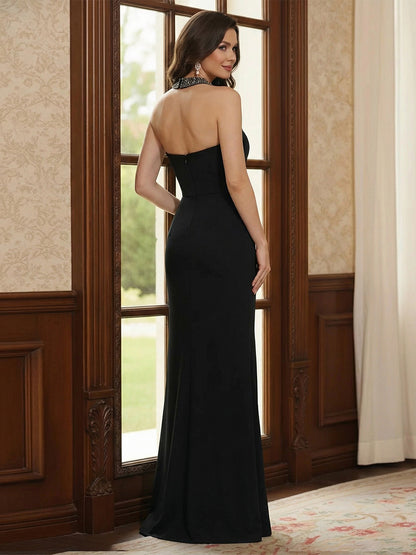 Robe Mère de la Mariée Fourreau Col Halter Sans Manches Longueur au Sol avec Strass