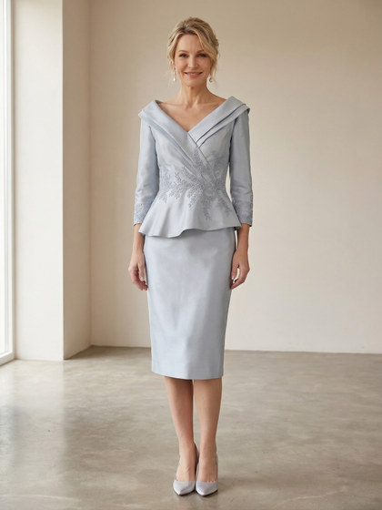 Gaine/Colonne Col en V 3/4 Manches 2 Pièces Robes Mère de la Mariée avec Appliques & Froufrous