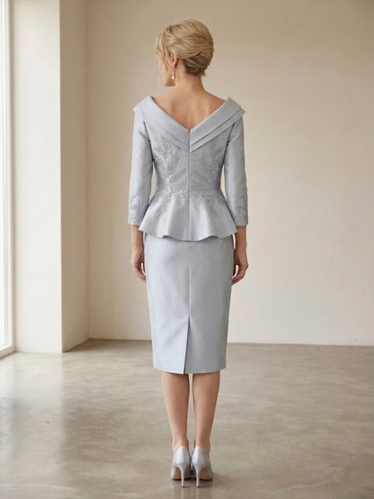 Robe Mère de la Mariée 2 Pièces Fourreau Col en V Manches 3/4 avec Appliques & Volants